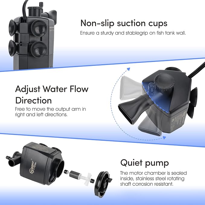 hygger Aquarium Internal Filter, 170GPH Silent Power Filter for 15-30 Gallon Corner Installation, Triple Filtration with Adjustable Flow and Spray Bar