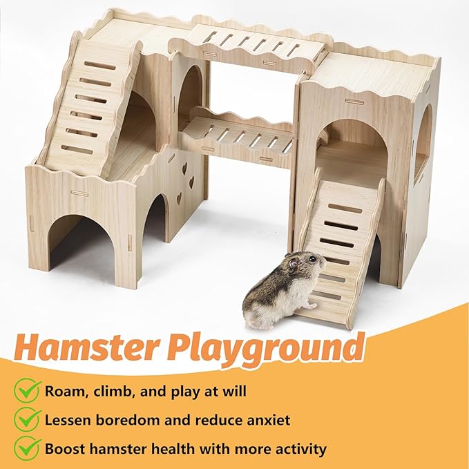 BNOSDM Large 6-in-1 Hamster Playground, Multi-Level Wooden Hamster Houses and Hideouts with Double Slides, Hide Hut for Multiple Dwarf Hamsters, Syrian, Gerbils