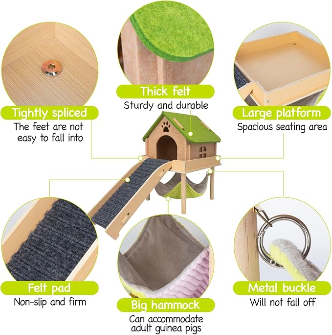 BESNEW 3 in 1 Enlarged Guinea Pig Hammock,Wooden Guinea Pig Hideout with House & Platform & Stairs Small Animal Toys for Hiding Sleeping Activities