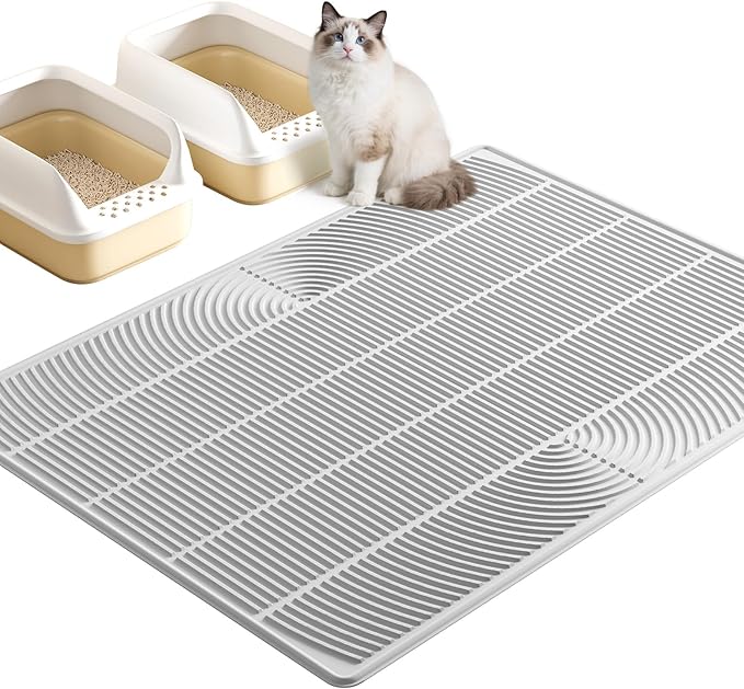 TRZZ XXL Extra Large Cat Litter Mat, Silicone Litter Box Mat for Floor, Waterproof & Non-Slip, Easy to Clean, Cat Litter Trapping Mat & Kitty Litter Catcher for Scatter Control (Light Gray)