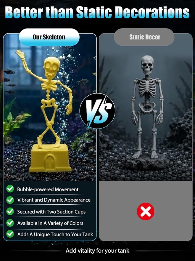 Dancing Skeleton Aquarium Bubbler, Halloween Fish Tank Decor(Yellow) | Adjustable airflow with 1m hose & valve. Safe resin, for freshwater/saltwater tanks. Air pump not included.