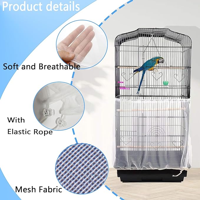 ZMD Bird Cage Seed Catcher, Large Birdcage Cover Adjustable Airy Nylon Mesh Net Birdcage Cover Skirt with Drawstring Seed Guard for Parrot Lovebirds Finches, White