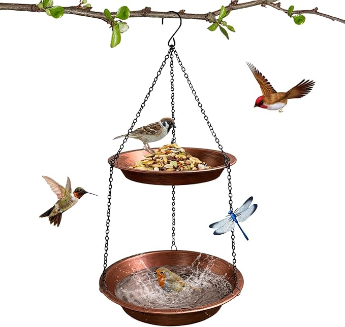 Double Layer Metal Hanging Birdbath 2 in 1 Bird Feeders with Black Chains for Outdoor Garden Yard Decor in Copper Color
