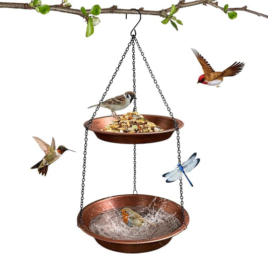 Double Layer Metal Hanging Birdbath 2 in 1 Bird Feeders with Black Chains for Outdoor Garden Yard Decor in Copper Color