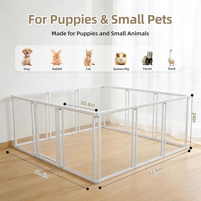 NiceTCU 24" H Acrylic Dog Playpen Indoor, Metal Frame Clear Dog Playpen with Door - 12 Panels, Easy Assemble Pet Fence, DIY Foldable Pet Pen for Ducks Puppy Rabbit Small & Medium Pets- 12Pcs White