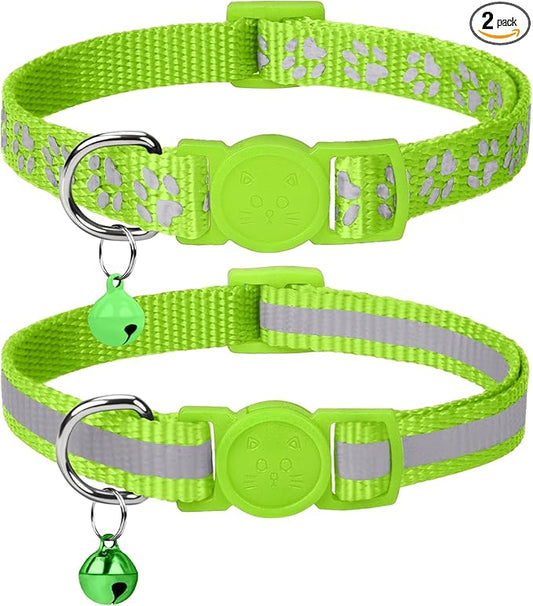 Taglory Reflective Cat Collar Breakaway with Bell, High Visibility Night Strip, Lightweight Adjustable Nylon Collar for Boy Girl Cats, 2 Pack, 7.5-12.5 Inch, Green