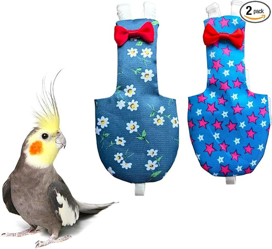 UKJENT Bird Diaper Protective Parrot Nappy 2 Pack, Reusable Flight Suit with Waterproof Inner Layer, Washable Cute Urine Wet Suit for Cockatiel Monk Parakeet Sun Parakeet Lory(S)