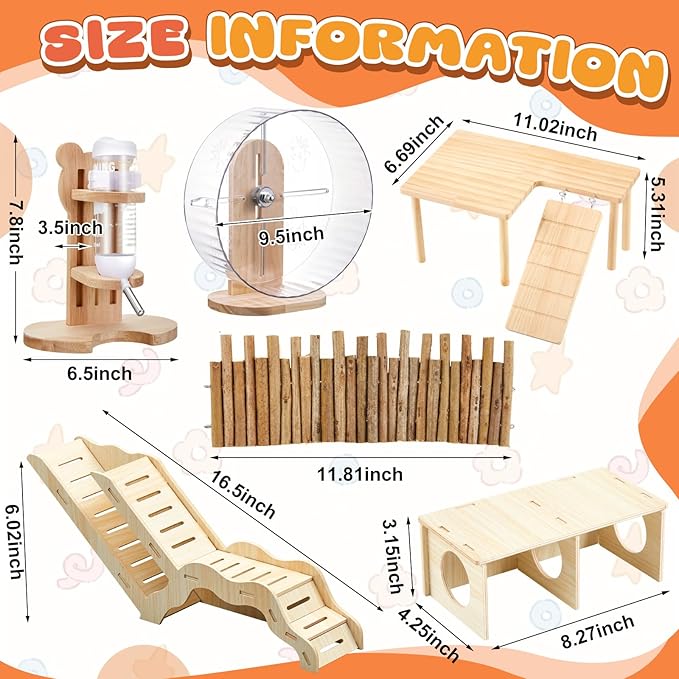 6 Pcs Hamster Toys Set, Maze Wood House, Climbing Ladder Wooden Bridge Tunnel Toy Platform Silent Exercise Running Wheels and Water Bottle Set for Rat Guinea Pig Habitat Cage (Standard)