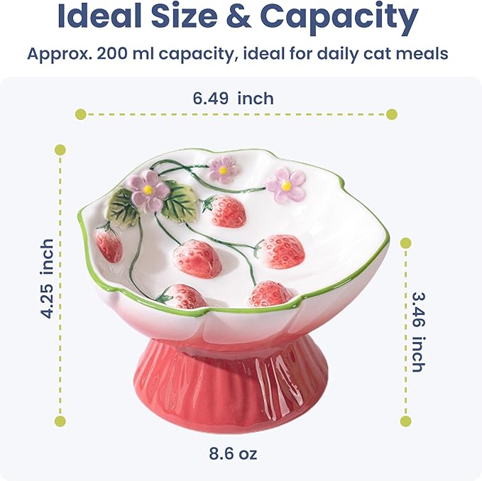 PawsPik Strawberry Blooms Elevated Ceramic Cat Bowl – Raised Cat Food Bowl with 15° Tilt, Whisker-Friendly Pet Feeding Bowl, Anti-Choking Dish, Dishwasher Safe (Red)