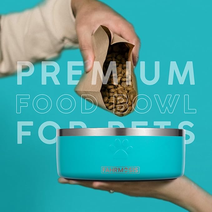 FAHRMOSIS 32 Oz Dog Bowl with Slow Feeder Insert Stainless Steel Pet Water Bowl for Medium & Large Breed Non Slip Rubber Base & Plastic Puzzle Feeder - Teal