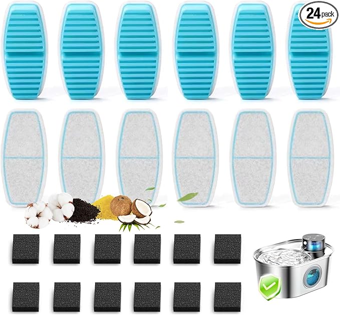 Official POOEKEN 24 Packs(12 Filters + 12 Sponges) for B3 Battery Cat Water Fountain, Cat Fountain Replacement Filters with Activated Carbon Filter, Ultra-fine Fiber