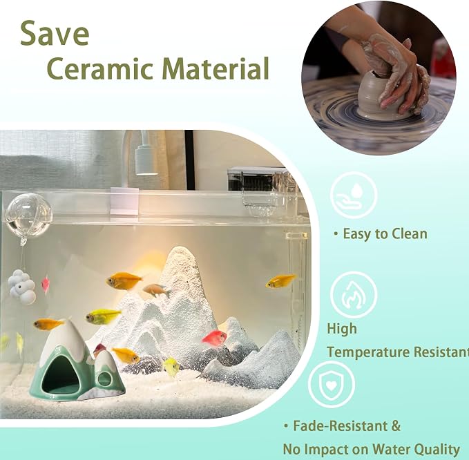 Cute Green Aquarium Decor Ceramic Mountain Betta Fish Tank Cave | Smooth-Surface Safe for Fish Hiding & Breeding, Easy-Clean, No Assembly, for Play & Rest,Fits 3.5-5 Gallon Fish Tanks