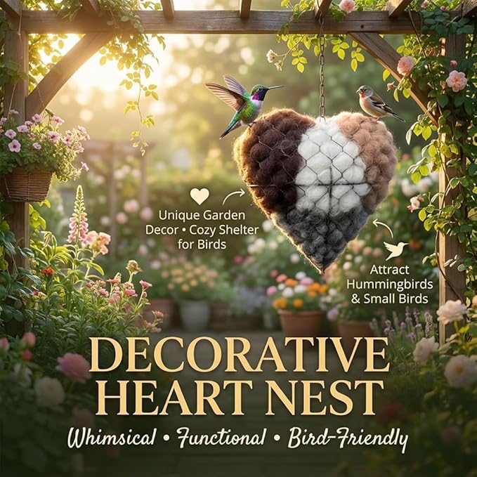 Handmade Alpaca Fiber Bird Nest Heart - Natural Nesting Material, Winter Nesting Material for Wild Birds and Hummingbirds | Garden Decoration, a Gift for Bird Lovers.
