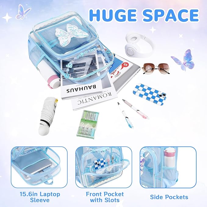 MUSEVOS Clear Backpack, Clear Bookbag for School PVC Heavy Duty Transparent Backpack for Girls, Blue Butterfly