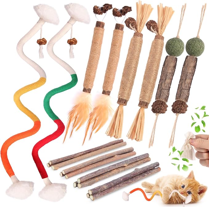 Kyouki Cat Toys Cat Chew Toys, Silvervine Sticks Catnip Rope Toys for Cats Teeth Cleaning, Kitten Dental Care, Kitty for Indoor Cats Increase Appetite,Enhances Oral & Dental Health (21 Pack)