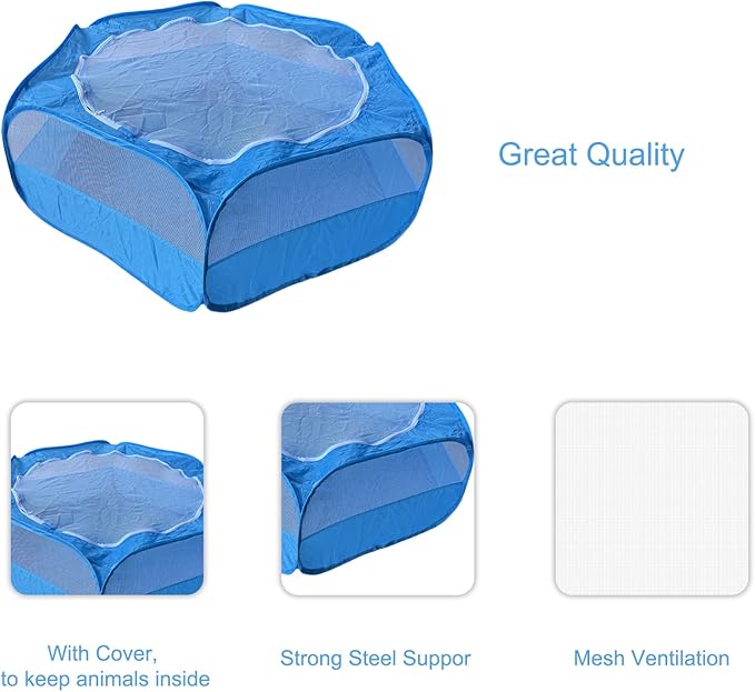 Small Animal Playpen with Zippered Mesh Cover - Portable Foldable Chicken Brooder Box, Indoor Outdoor Enclosure for Guinea Pigs, Bunny, Rabbits, Ferrets, Chinchillas, Kittens (Blue)
