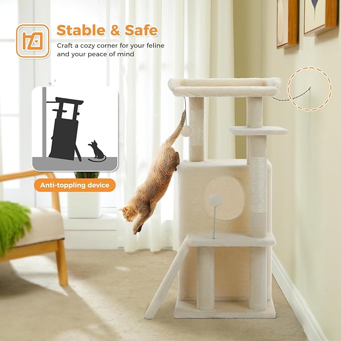 PETEPELA Cat Tree for Indoor Cats, 34.6" Small Cat Tower with Scratching Posts, 2 Condos, Scratching Ramp & Dangling Toys, Cat Play House for Multi-Cat Households, Beige