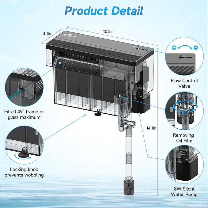 8W Aquarium Filter, 211 GPH Hang-On Waterfall Filter with Skimmer | Designed for low-noise filtration in 7-26 gal tanks, with adjustable flow, surface skimming, and reusable sponge media