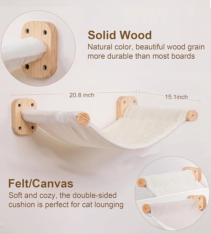 Cat Wall Hammock, Dual-Sided Cat Wall Bed with Canvas & Plush Fabric for All Seasons, Wall Mounted Shelf for Large Cats, Modern Perches for Lounging & Napping