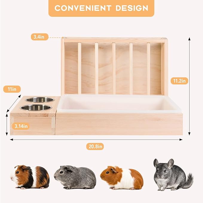 3 in 1 Wooden Guinea Pig Hay Feeder Mess Proof with Litter Box, for Guinea Pig, Chinchillas, and Other Small Animals