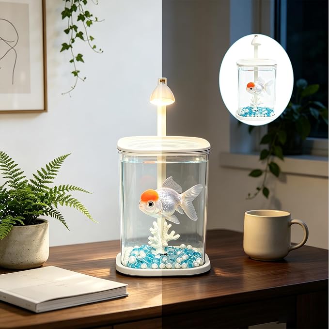 Desktop Small Fish Tank with LED Light for Betta Guppy Goldfish | Clear Acrylic Aquarium Kit with Artificial Coral, Pearls & Diamond Decor, Starter Kit Small Space Easy Setup Space-Saving