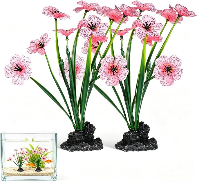 NOLITOY 2 Pcs Pink Aquarium Plants, 8.3 Inch Tall Decor for Betta Fish Tank | Premium soft plastic, heavy weighted base, colorfast in fresh water, 1 min quick setup, fits indoor goldfish glass bowls well