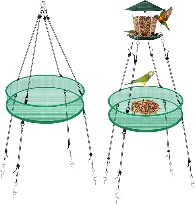 2Pcs Bird Seed Catcher Tray for Hanging Bird Feeder Platform, 20'' Birdfeeder Trays with Wind Rope and Stakes, Birdseed Hoop for Hummingbird Feeders Bee Feeder Outdoor Garden Accessories