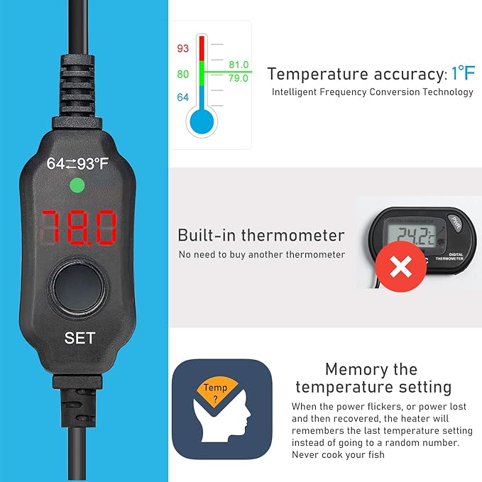 YukiHalu Super Mini Aquarium Heater, 10W 20W 30W Adjustable Fish Tank Heater with External Controller, Overheating Protection, Digital Display, Used for 0.5-3 Gallons(30 watts)