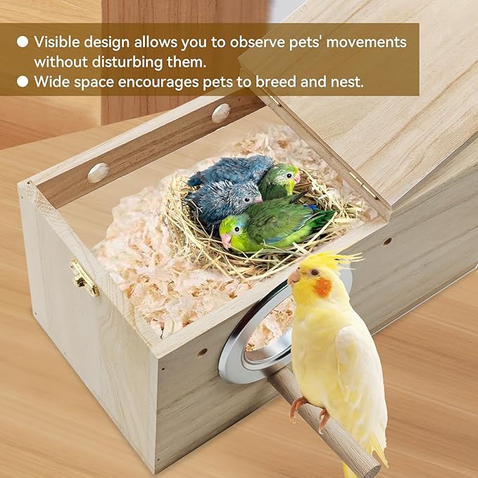 Natural Wood Bird Nesting Box,Acrylic Parakeet Nesting Box Transparent Cockatiel Nest House with Perch Wooden Parrot Nest for Lovebird Budgie Conure Canary Finch(Medium)