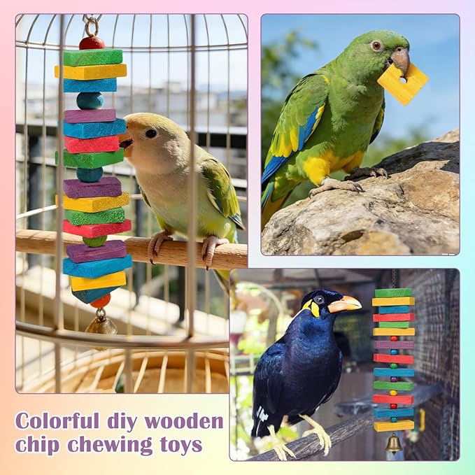 NOLITOY 100Pcs Wooden Parrot Chewing Toy Blocks with Hole Bird Bite Toy for Cockatiels Parakeets Macaws African Grey DIY Wood Chip Design for Pet Entertainment and Skill Development