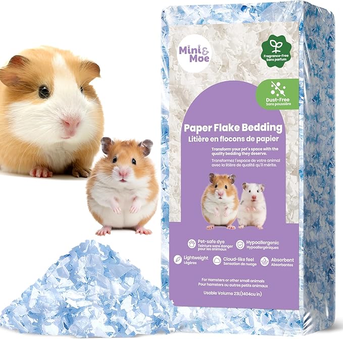 mini&moe Hamster Bedding: Odor Control and Dust-Free Moisture Absorbent Natural Paper Small Pet Bedding - for Guinea Pigs, Hamsters, and Rabbits, 12 Liters