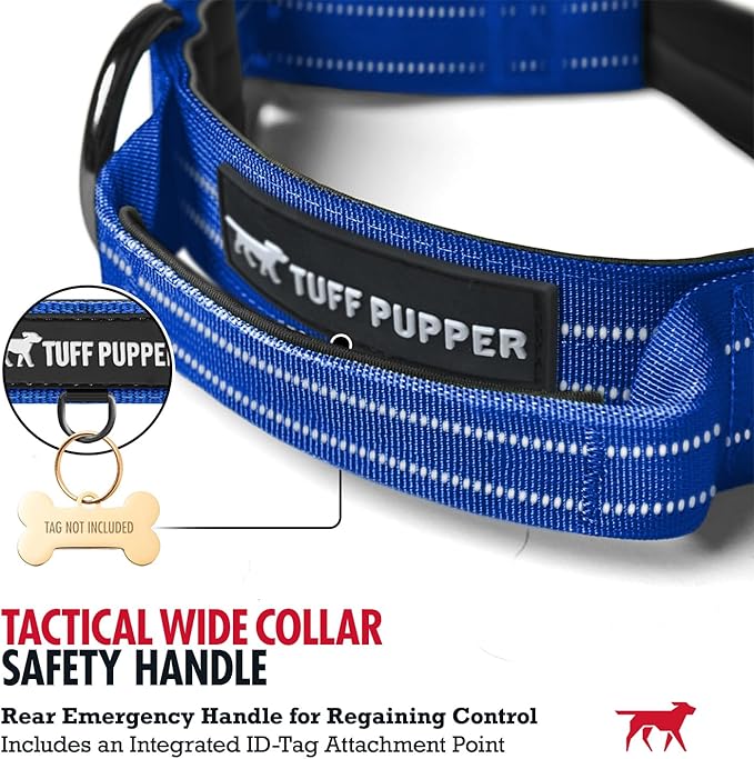 Tuff Pupper Tactical Dog Collar | Heavy Duty 1.5" Wide Ballistic Nylon | Training Control Handle | Quick-Release Metal Buckle | Reflective Bands | ID Tag Holder | Padded Inner Lining (Blue, Large)