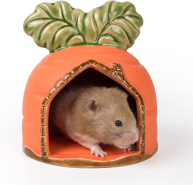 Ceramic Hamster Hideout, Hamster House and Habitat, Syrian Hamster Hideout Decor Cool Bed for All Season Gerbil, Mice Guinea Pig (Orange, Carrot)