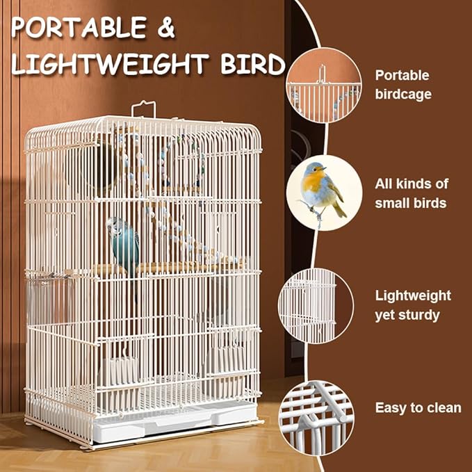 23.6-Inch Household Bird Cage with Top Handle, Small Metal Bird Cage with Removable Slide-Out Tray, Lightweight Travel Bird Cage for Indoor Outdoor Home Bird Feeding