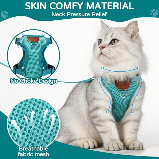 Cat Harness and Leash Set with Holder Compatible with AirTag, Upgraded Escape Proof Adjustable Vest Lead for Large Cat Small Dog Walking, Soft Breathable Mesh Jacket with Reflective Strips, Green, L