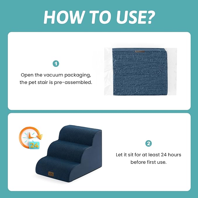 COZY KISS Wide Dog Stairs for Small Dog 15.7" H, Pet Step for Puppy, Older Cat, Curved Ramp for Couch, Durable Anti-Slip Ladder with High Density Foam, 3 Step, 17.7x22.4x15.7 inch, Navy Blue