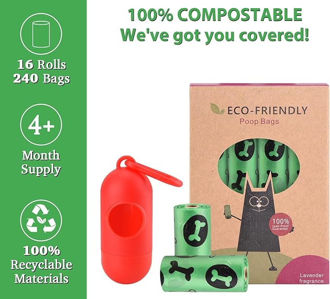 WDFAACK Biodegradable Dog Poo Bags with Holder-240 Large Poop Bags, Corn Starch Blended Compostable Poo Bag, Extra Thick Strong Leak Proof Poop Waste Bag for Dogs (Green)