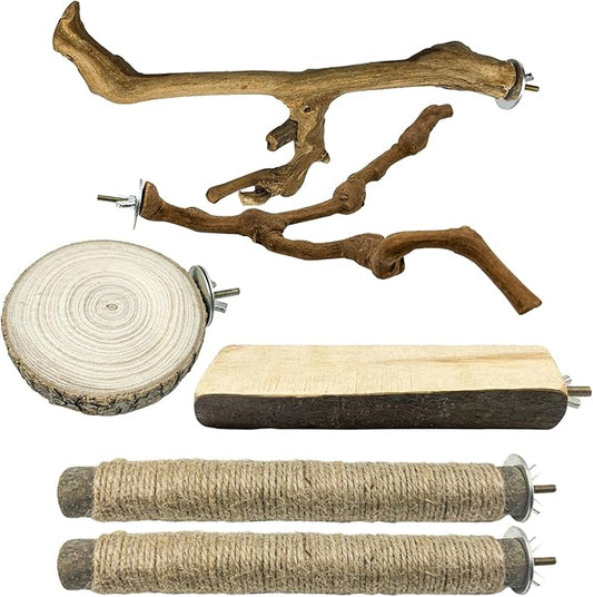 6 Pcs Medium Bird Perch Set, Natural Wood Bird Perches, Parrot Cage Toys for Cockatiels, Conures, Budgies, and Parakeets, Cage Accessories for Small and Medium Parrots