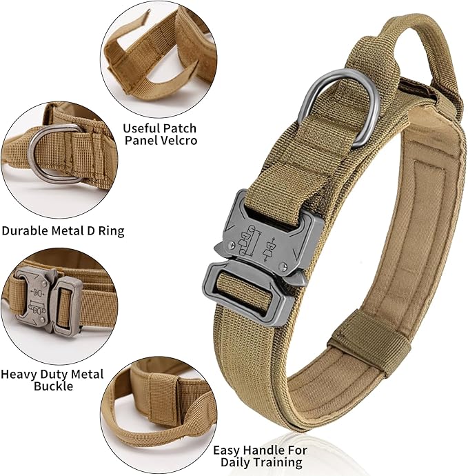 Tactical Dog Collar - Military Dog Collar, Adjustable Heavy Duty Metal Buckle Nylon with Control Handle for Small Medium Large Dogs (Brown, M)