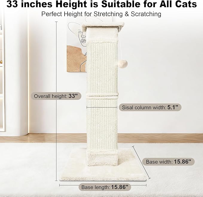Cat Scratching Post 33 inch for Indoor Cats, Sisal Cat Scratcher, Vertical Posts with Dangling Ball, High Cat Scratch Post, Cat Tree for Full-Body Stretching, Protect Your Furniture, Beige White