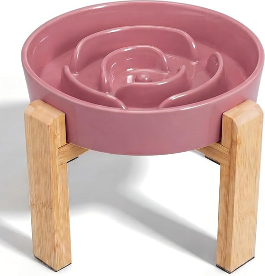 Elevated Slow Feeder Dog Bowl Large Breed, 8.8 Inch Ceramic Slow Eating Bowl with Bamboo Stand, Anti-Choking Raised Maze Design for Medium to Large Dogs, 3.2 Cup, Pink