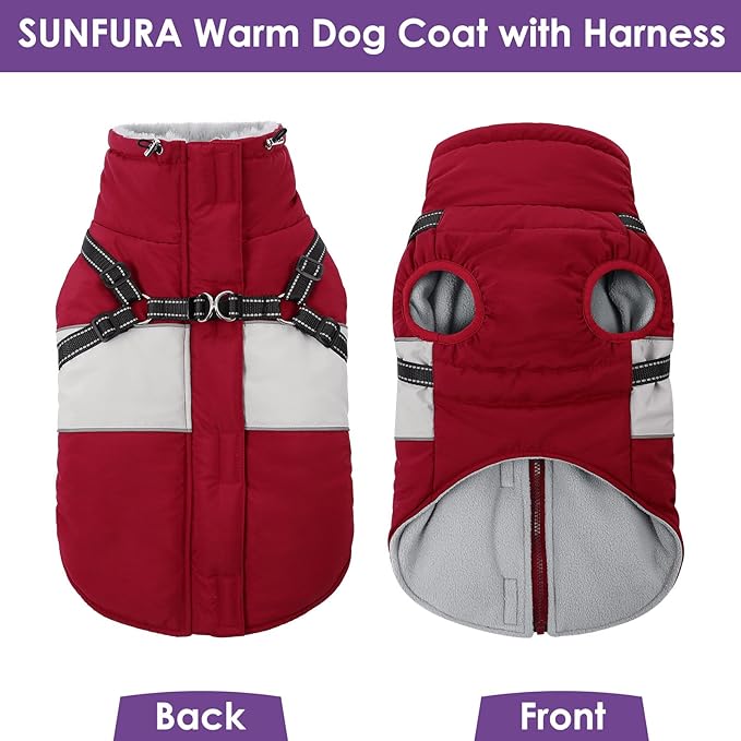 Dog Winter Coat, Waterproof Dog Coat Jacket with Harness for Medium Dogs Boys Girls, Reflective Fleece Lined Pet Snow Jacket Sweaters for Pug, Jack Russel, Boston Terrier, Burgundy M