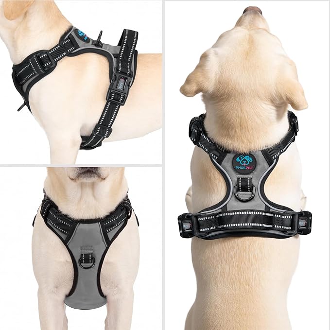 PHOEPET No Pull Dog Harness Reflective Adjustable with 2 Metal Leash Hooks and Soft Training Handle [Over The Head Design](S, Grey)