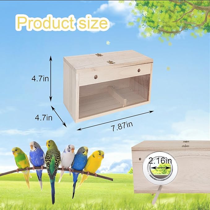 Tfwadmx Parakeet Nesting Box, Transparent Bird Nest Breeding Box, Wood Parrot Nest Box with Perch Bird Cage House for Cockatiel Lovebirds Budgie Canary Finch(S)