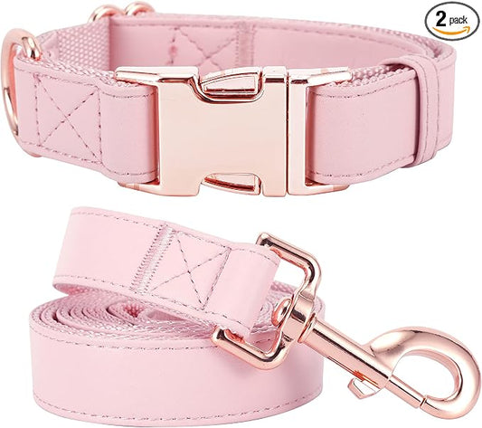Dog Collar and Leash Set.Soft and Easy to Clean Vegan Leather with Rose Gold Metal Buckle for Small Medium Large Dogs (Pink, XS(8"-12"))
