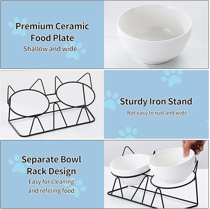 Elevated Cat Food Bowl,Ceramic Raised Water Bowl for Indoor Cats, 15°Tilted Metal Stand Anti Vomiting and Protect Spines,Whisker Fatigue Feeding Dishes,Non-slip and Dishwasher Safe