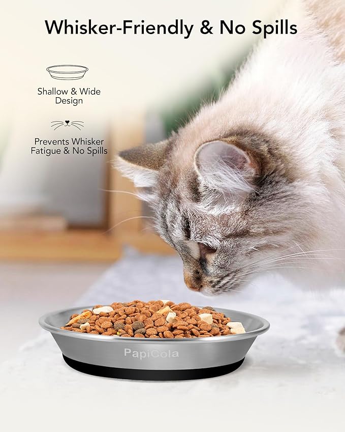 Stainless Steel Cat Bowls 3PCS, Non-Slip cat Food Dishes, Metal Pet Food and Water Bowls, Whisker Friendly with Wide and Shallow Design, 6.3'' Wide, 0.7mm Thick Steel, Ideal Pet Dish (3 PC-6.3in)