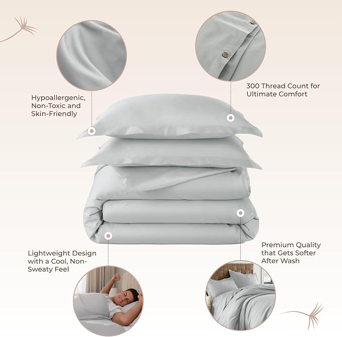 100% Organic Cotton Duvet Cover Queen Size - Naturally Soft Lightweight & Cooling Duvet Cover Set with Decorative Shams - Premium GOTS Certified 300 Thread Count Sateen Weave (Shore, Queen)