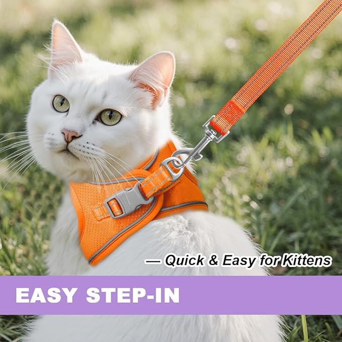 Cat Harness and Leash Set,Escape Proof Kitten Harness,Step in Adjustable Soft Lightweight,Easy Control,Reflective Strips Comfortable for Walking Travel(Orange,XS)