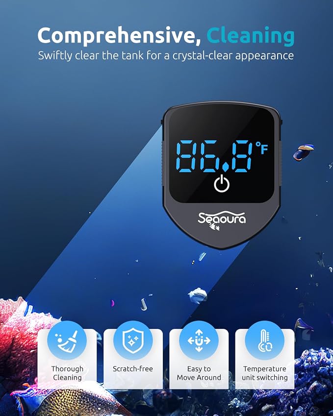 SEAOURA 2-in-1 Digital Aquarium Thermometer with Magnetic Cleaner, New Upgrade Aquarium Thermometer with Motion Sensor